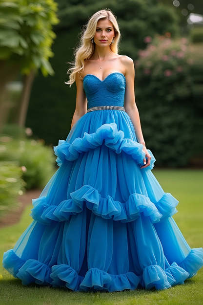 Leely Women Sweetheart Blue Ball Gown A Line Corset Long Prom Dress with Ruffles Strapless Tiered Formal Dress
