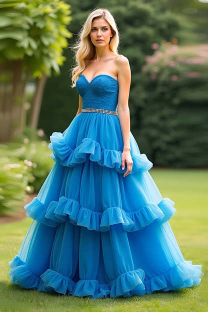 Blue Sweetheart Ball Gown Corset A Line Tiered Prom Dress with Ruffles