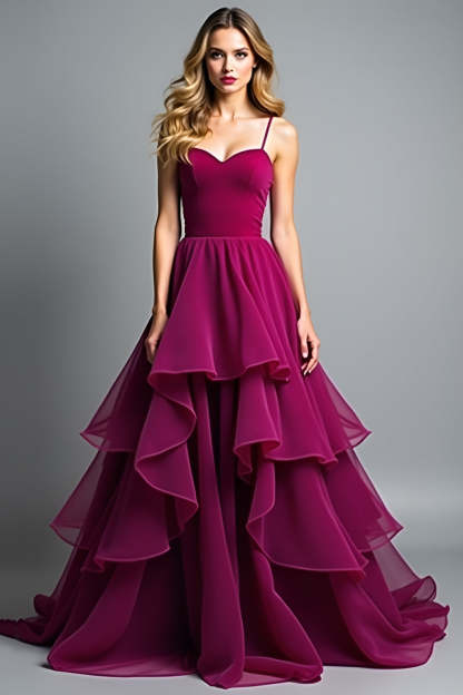 Leely Women A Line Ruffled Dark Purple Wedding Guest Dress Spaghetti Straps Chiffon Long Formal Dress
