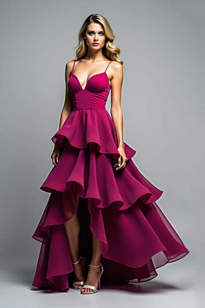 Leely Women Dark Purple Flowy Ruffles Tiered Formal Dress with Slit V-Neck Spaghetti Straps Long Prom Dress
