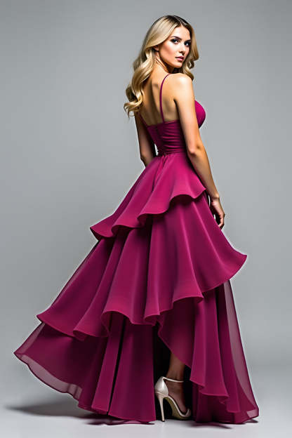 Dark Purple V-Neck Flowy Ruffles Tiered Formal Dress wih Slit