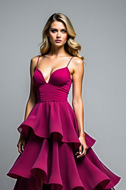 Dark Purple V-Neck Flowy Ruffles Tiered Formal Dress wih Slit