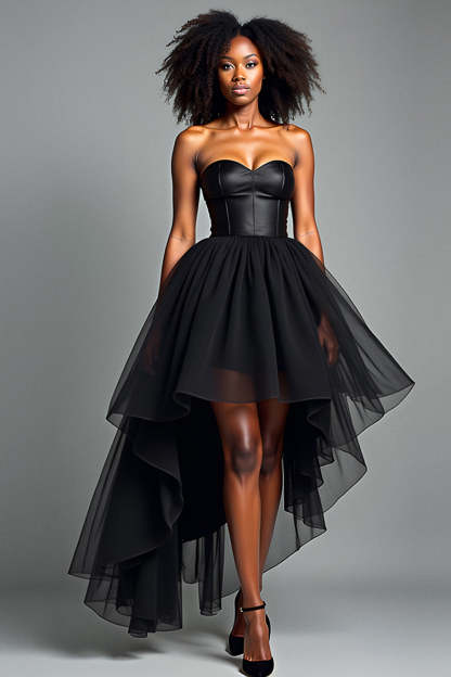 Leely Women Black Sweetheart Corset Tiered High Low Prom Dress Strapless A Line Asymmetrical Formal Dress