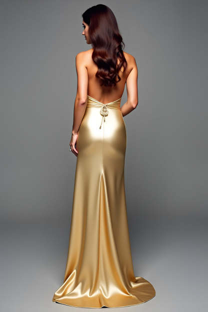 Golden Metallic Halter Sheath Floor Length Wedding Guest Dress with Slit
