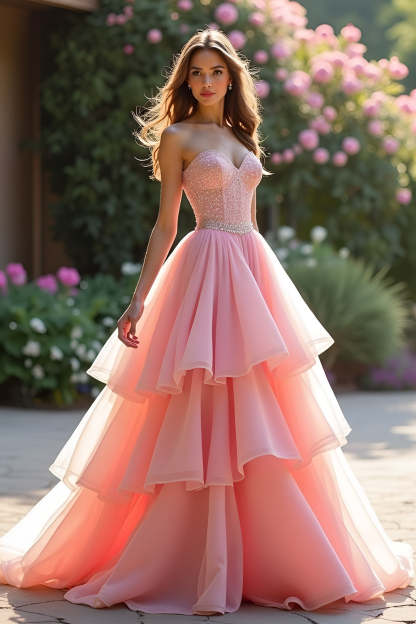 Leely Women A Line Pink Sweetheart Tiered Prom Dress with Ruffles Corset Backless Long Formal Dress