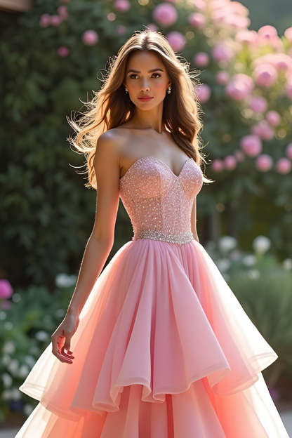 Pink A Line Sweetheart Corset Tiered Long Prom Dress with Ruffles