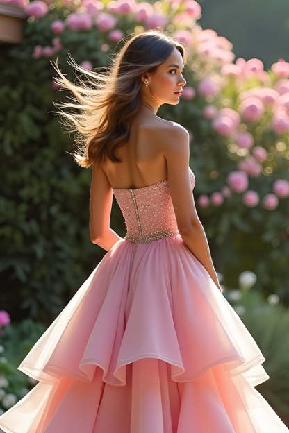 Pink A Line Sweetheart Corset Tiered Long Prom Dress with Ruffles