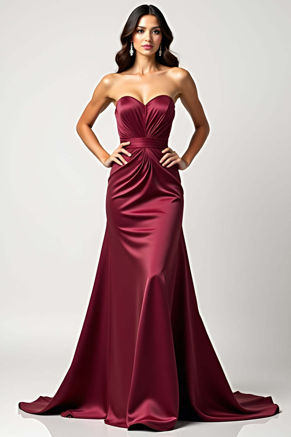 Leely Women Burgundy Sweetheart Sheath Wedding Guest Dress Strapless Satin Backless Long Formal Dress