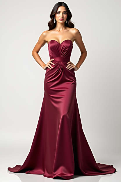 Leely Women Burgundy Sweetheart Sheath Wedding Guest Dress Strapless Satin Backless Long Formal Dress