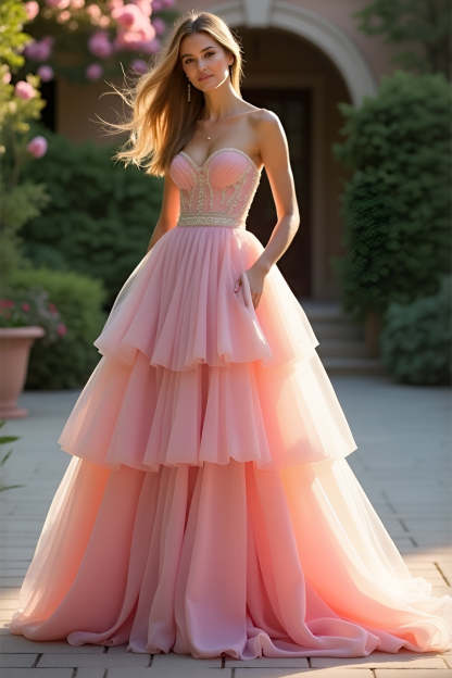 Leely Women Beaded Corset Blush A Line Tiered Prom Dress Ruffled Backless Sweetheart Long Formal Dress