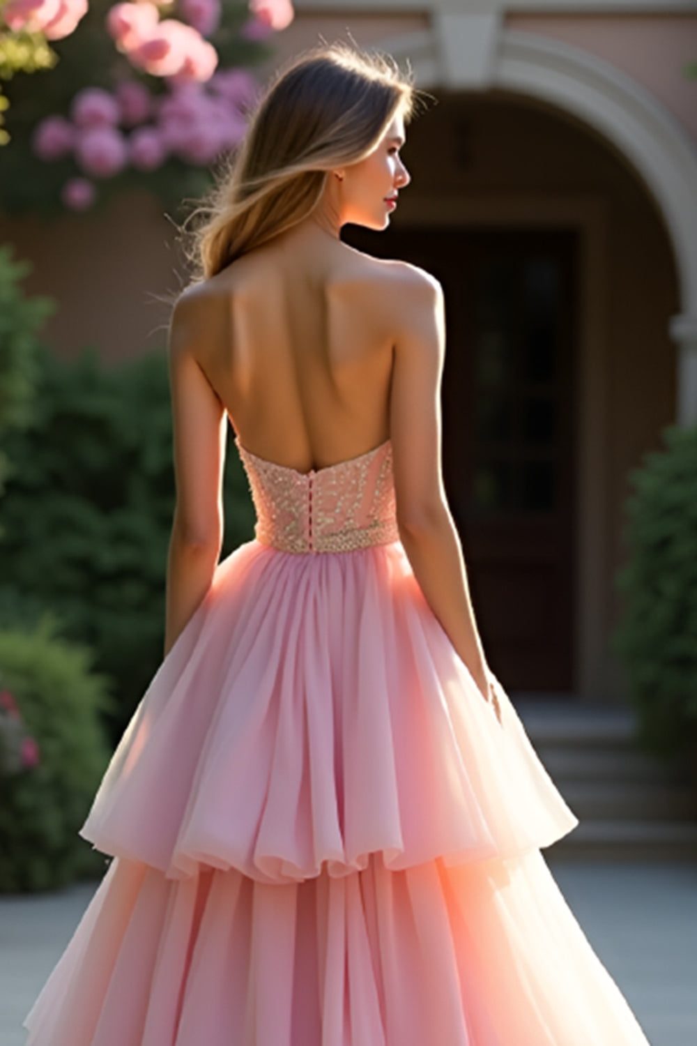 Sweetheart Corset Blush A Line Tiered Long Prom Dress with Ruffles