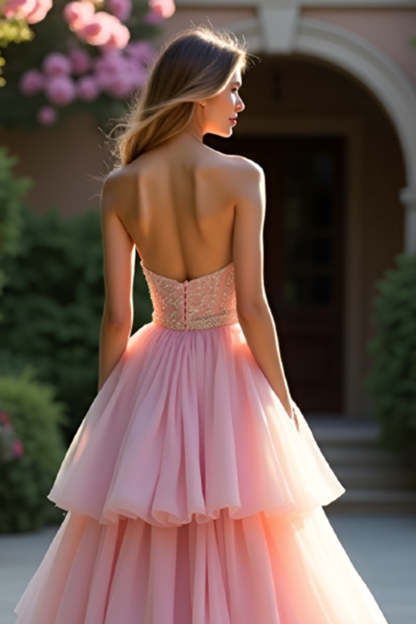 Sweetheart Corset Blush A Line Tiered Long Prom Dress with Ruffles