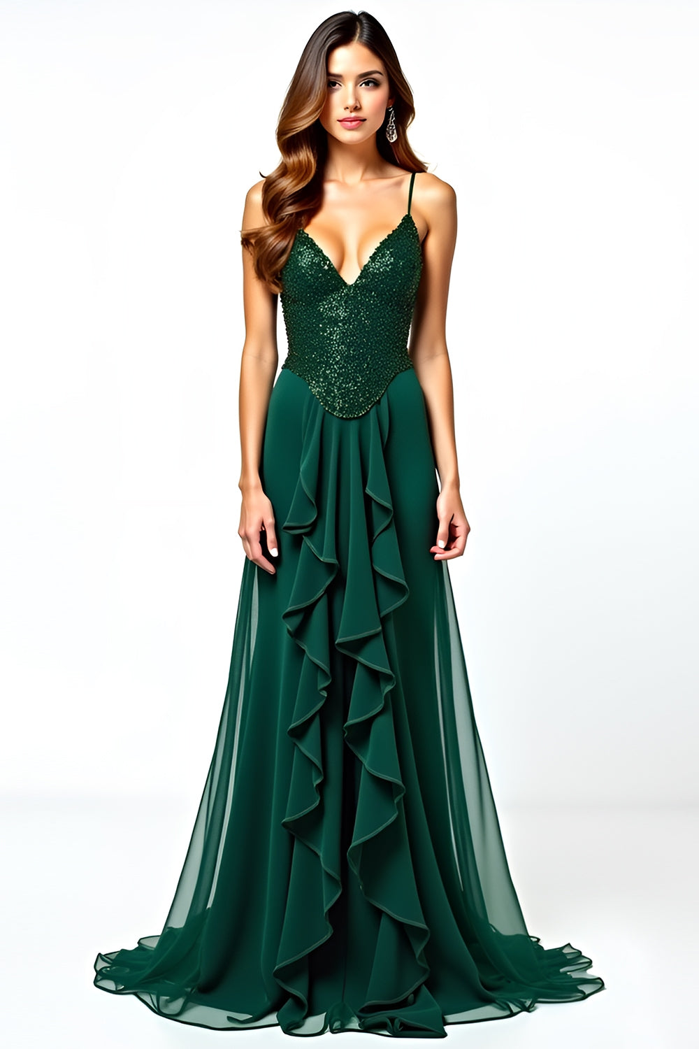 Dark Green V-Neck Spaghetti Straps A Line Ruffled Wedding Guest Dress