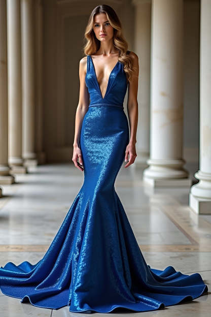 Leely Women Glitter V-Neck Royal Blue Mermaid Prom Dress Gorgeous Sleeveless Sweep Train Formal Dress