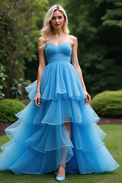 Leely Women A Line Blue Sweetheart Tulle Long Prom Dress with Slit Ruffled Strapless Tiered Formal Dress