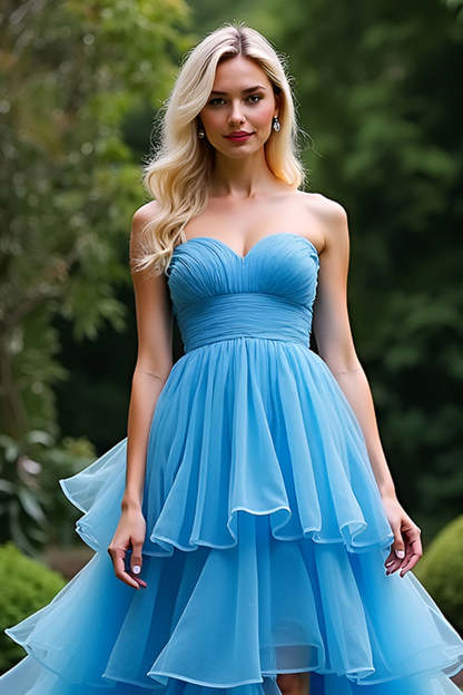 A Line Blue Sweetheart Tiered Long Ruffled Prom Dress with Slit