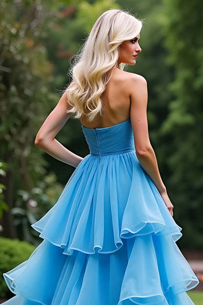 A Line Blue Sweetheart Tiered Long Ruffled Prom Dress with Slit
