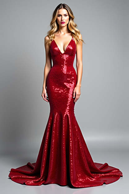 Leely Women Sparkly Sequined Red Mermaid Prom Dress V-Neck Sleeveless Long Formal Dress