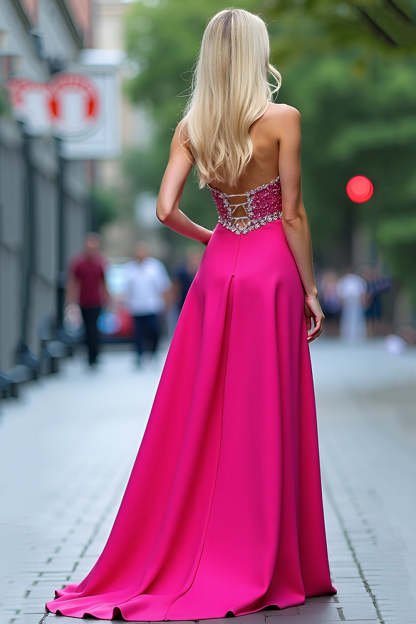 Fuchsia A Line Corset Beaded Long Prom Dress with Slit