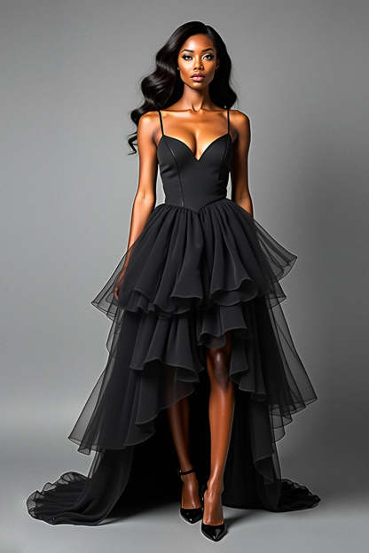 Leely Women Black A Line Tiered High Low Ruffled Prom Dress Spaghetti Straps V-Neck Corset Formal Dress