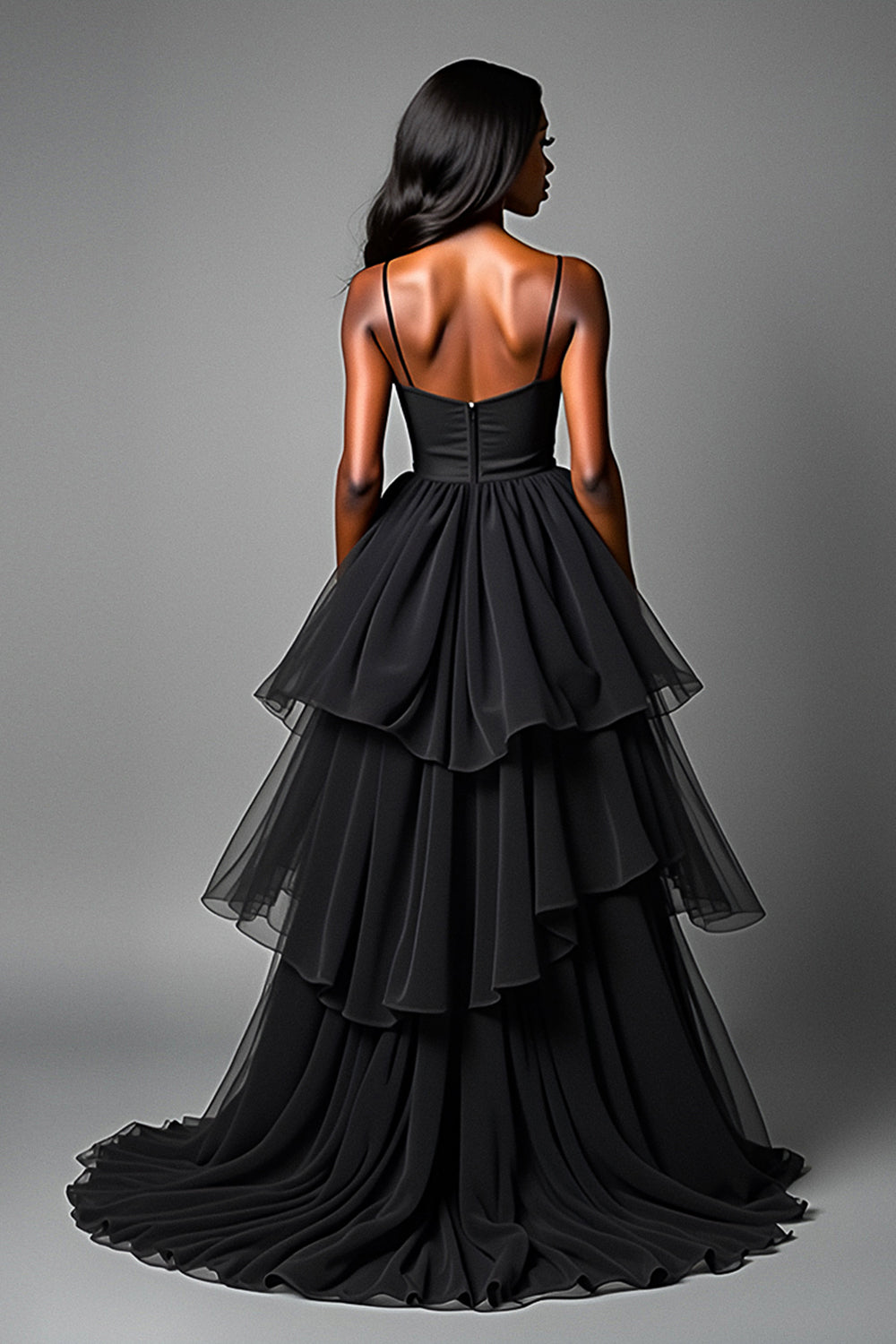 Black A Line Spaghetti Straps Tiered High Low Ruffled Prom Dress