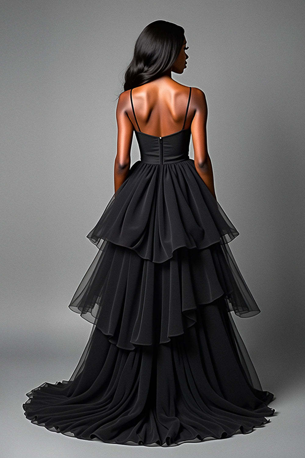 Black A Line Spaghetti Straps Tiered High Low Ruffled Prom Dress