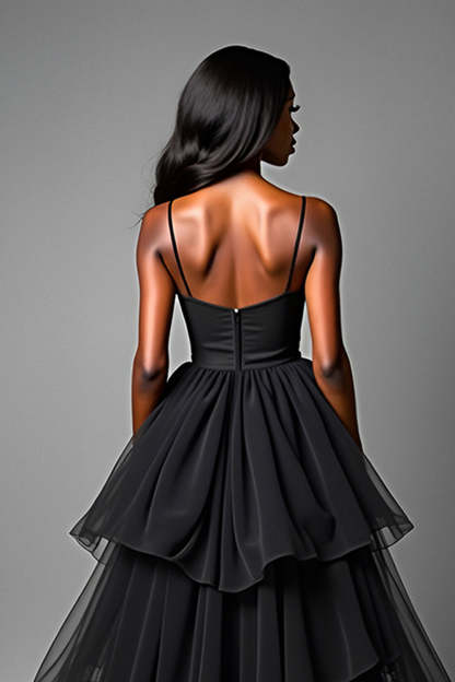 Black A Line Spaghetti Straps Tiered High Low Ruffled Prom Dress