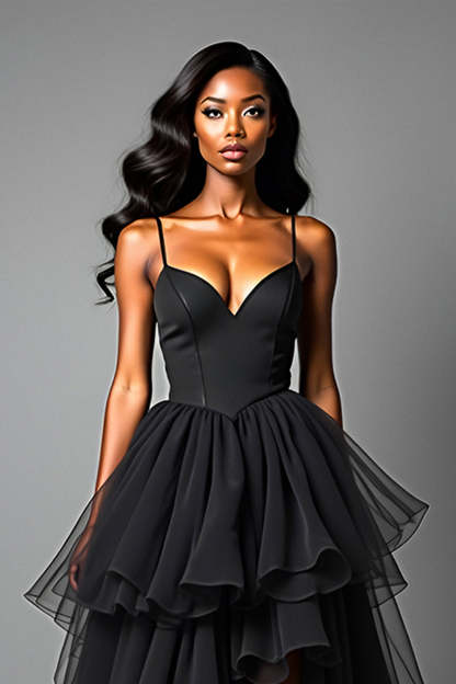 Black A Line Spaghetti Straps Tiered High Low Ruffled Prom Dress