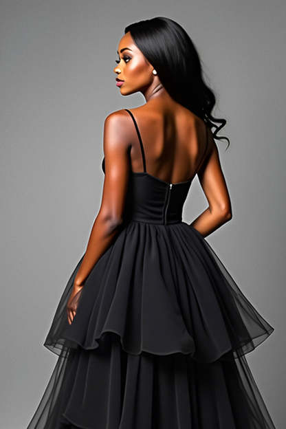 Black A Line Spaghetti Straps Tiered High Low Ruffled Prom Dress