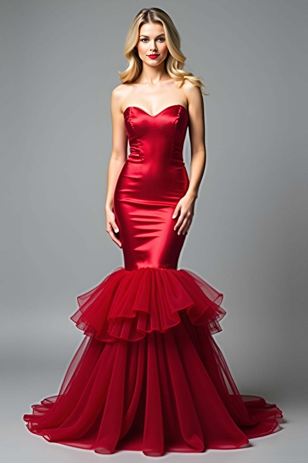 Leely Women Sweetheart Red Mermaid Prom Dress Strapless Ruffled Long Formal Dress