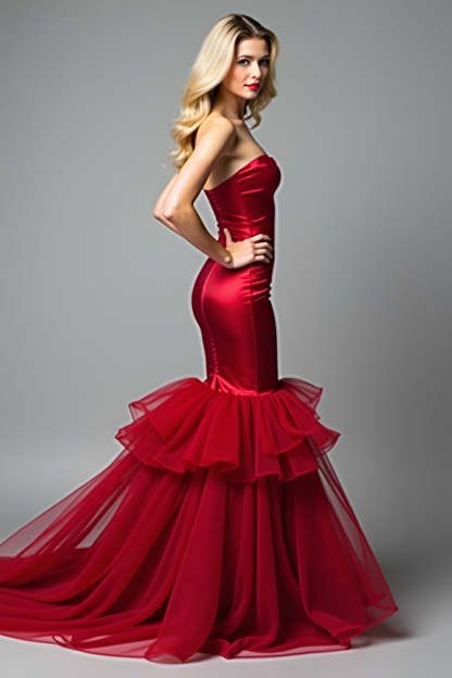 Sweetheart Red Mermaid Ruffled Long Prom Dress