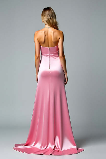 Pink Sweetheart Satin Floor Length Prom Dress with Slit