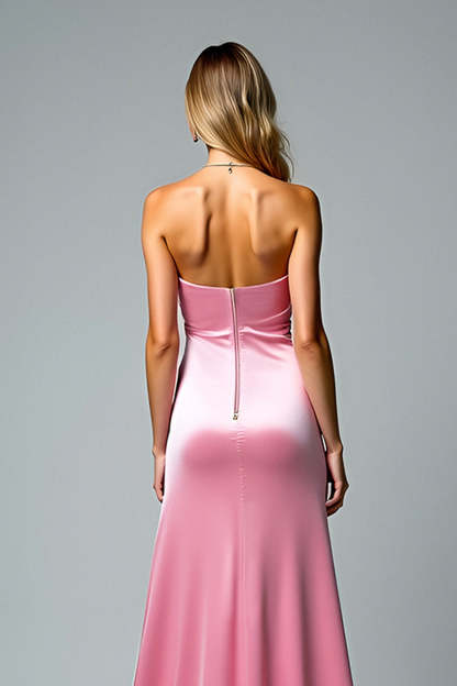 Pink Sweetheart Satin Floor Length Prom Dress with Slit