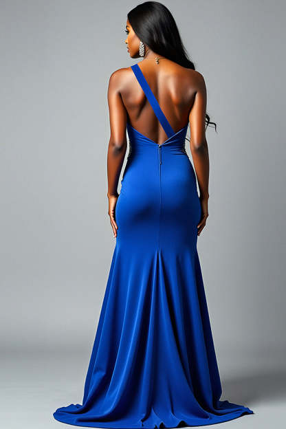 Sheath Sequined Royal Blue One Shoulder Long Prom Dress with Slit