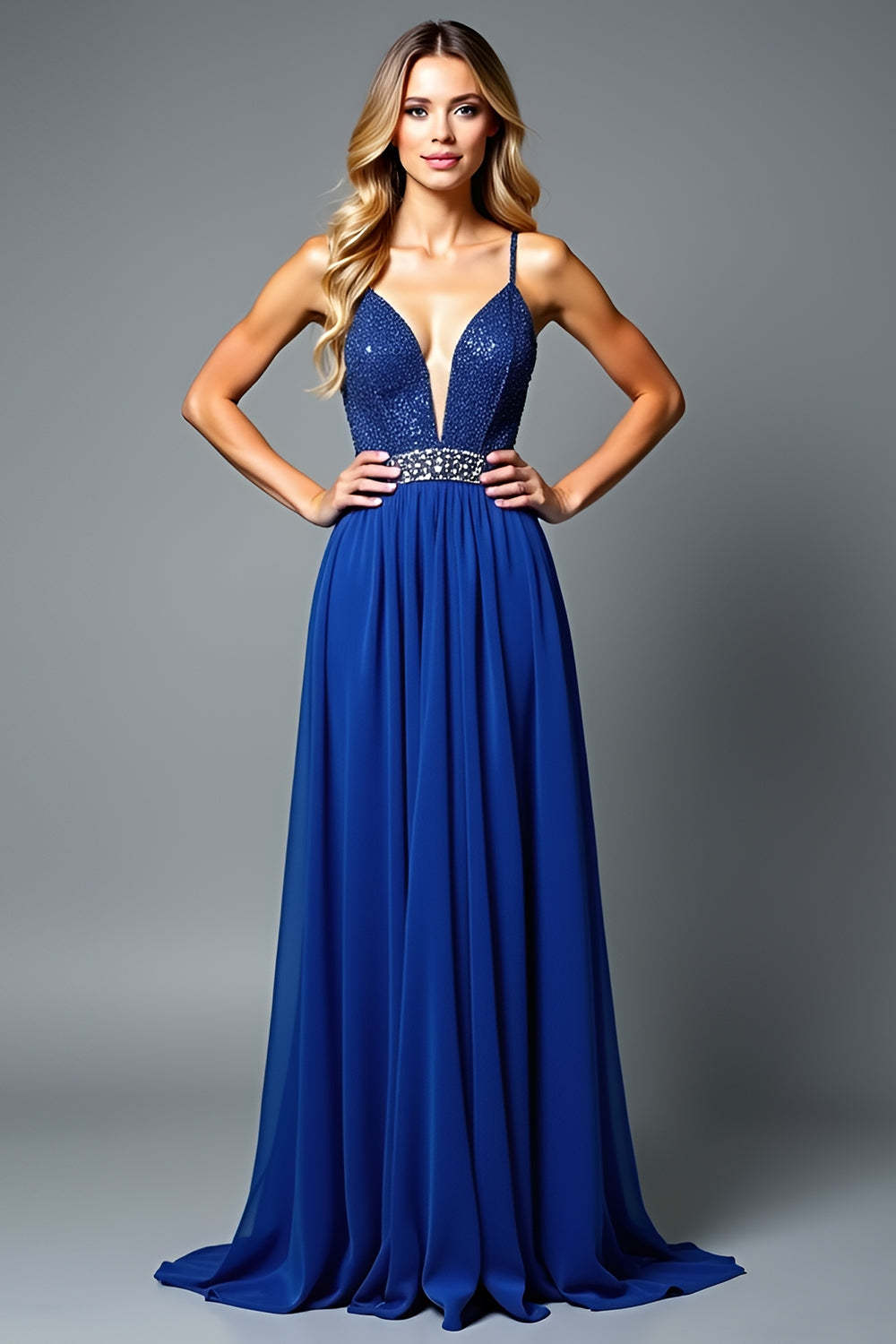 Leely Women Glitter Royal Blue A Line Wedding Guest Dress Spaghetti Straps V-Neck Backless Long Formal Dress