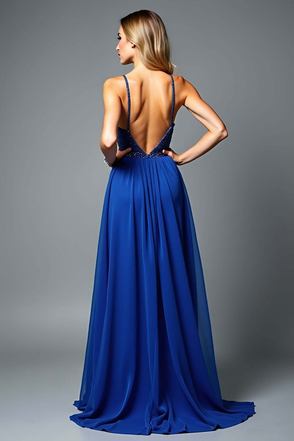 Glitter Royal Blue Spaghetti Straps A Line Backless Long Wedding Guest Dress