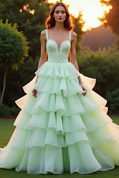 Leely Women Green Ball Gown Sweetheart Corset Tiered Prom Dress with Ruffles Spaghetti Straps Long Formal Dress