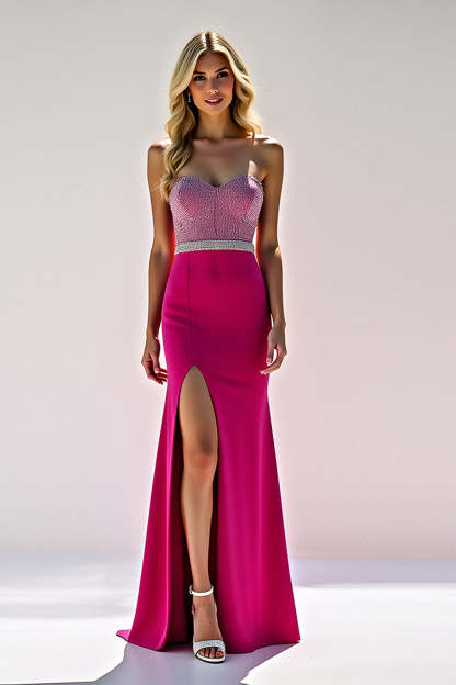 Leely Women Fuchsia Beaded Sheath Satin Prom Dress with Slit Strapless Sweetheart Floor Length Formal Dress