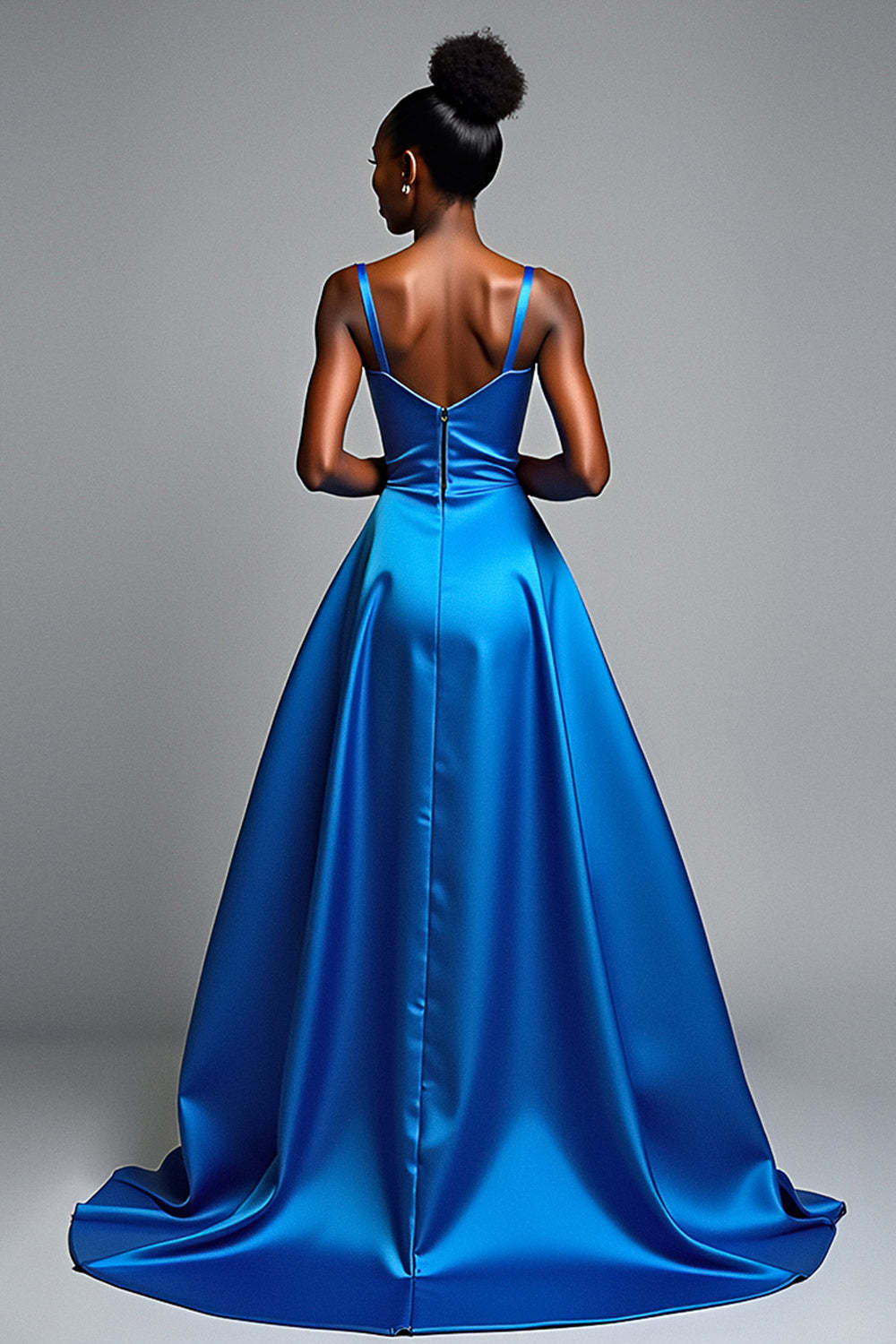 Royal Blue V-Neck Long Satin A Line Formal Dress with Slit