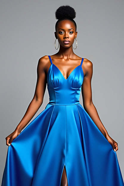 Royal Blue V-Neck Long Satin A Line Formal Dress with Slit
