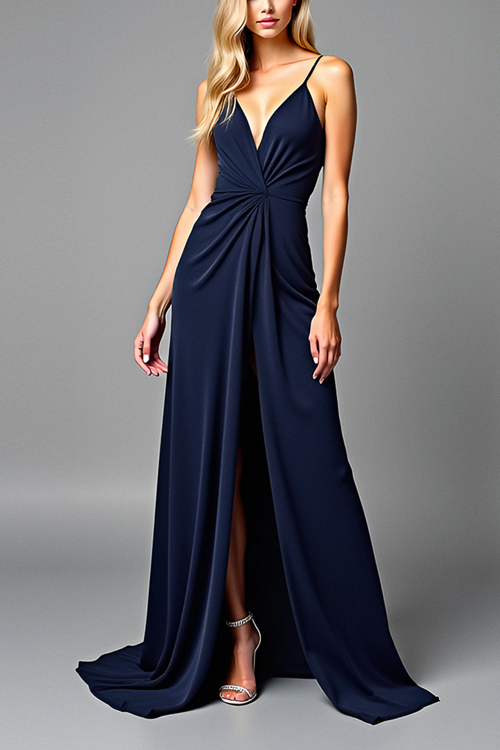 Navy V-Neck Long Ruched A Line Formal Dress with Slit