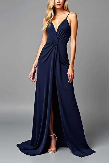 Navy V-Neck Long Ruched A Line Formal Dress with Slit