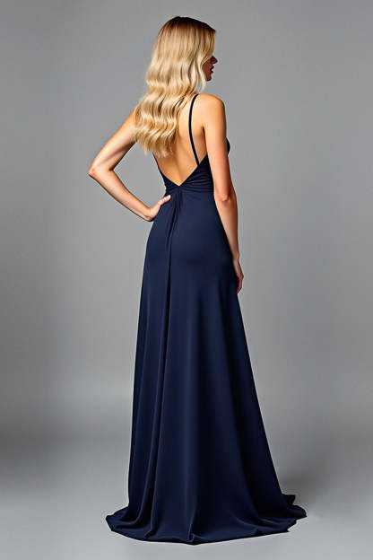 Navy V-Neck Long Ruched A Line Formal Dress with Slit