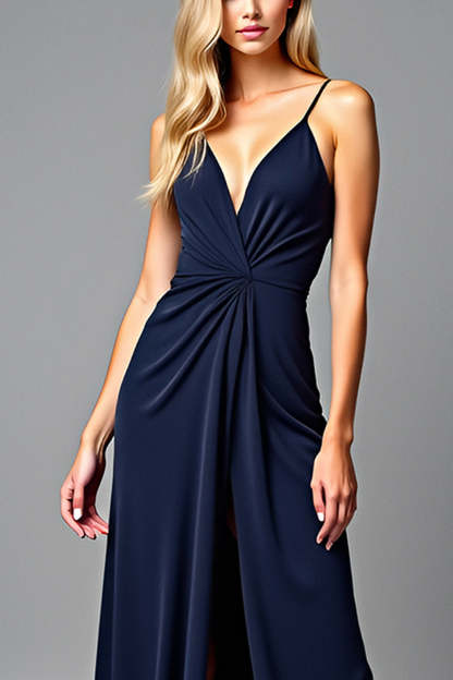Navy V-Neck Long Ruched A Line Formal Dress with Slit