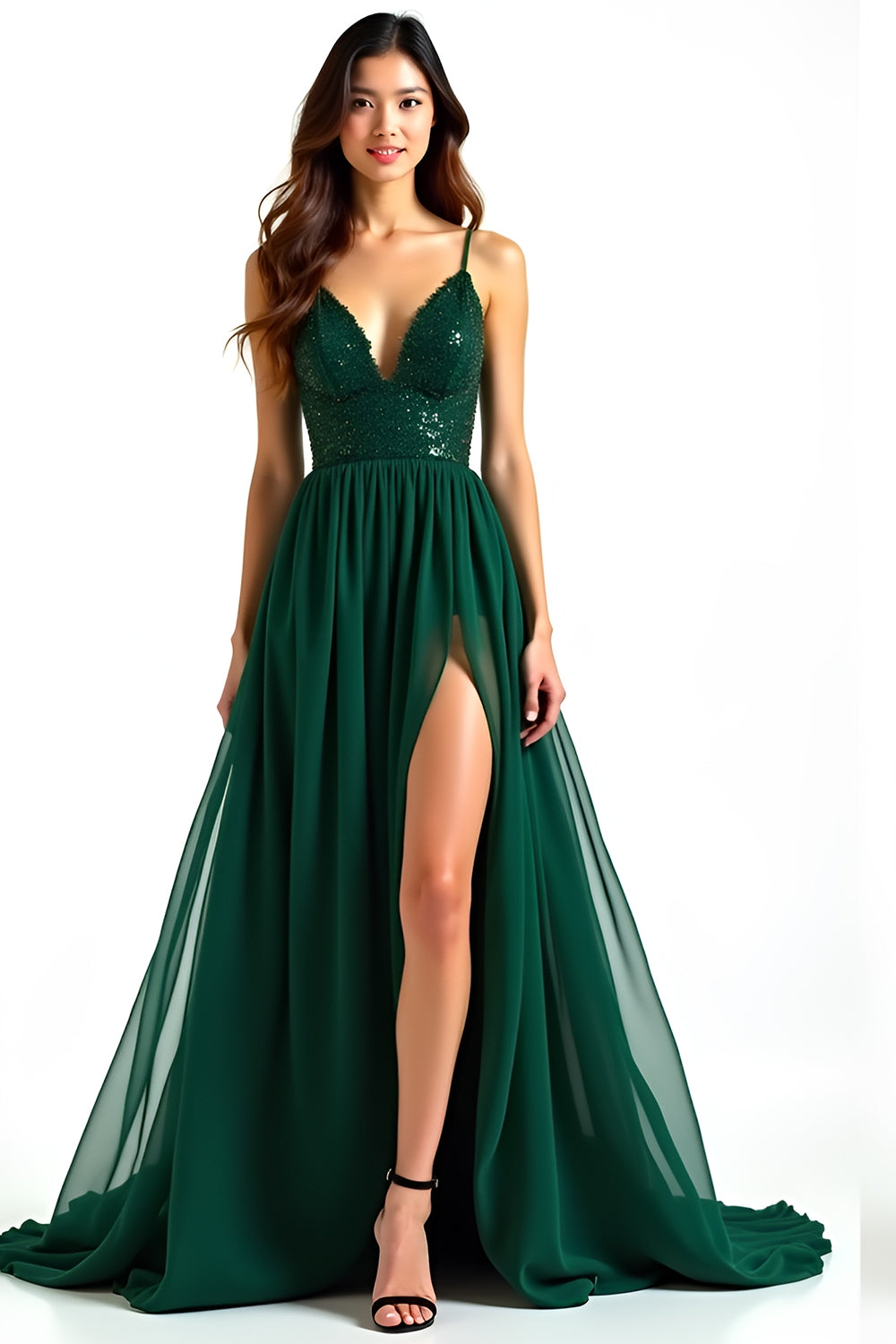 Dark Green A Line Sequined Long Wedding Guest Dress with Slit
