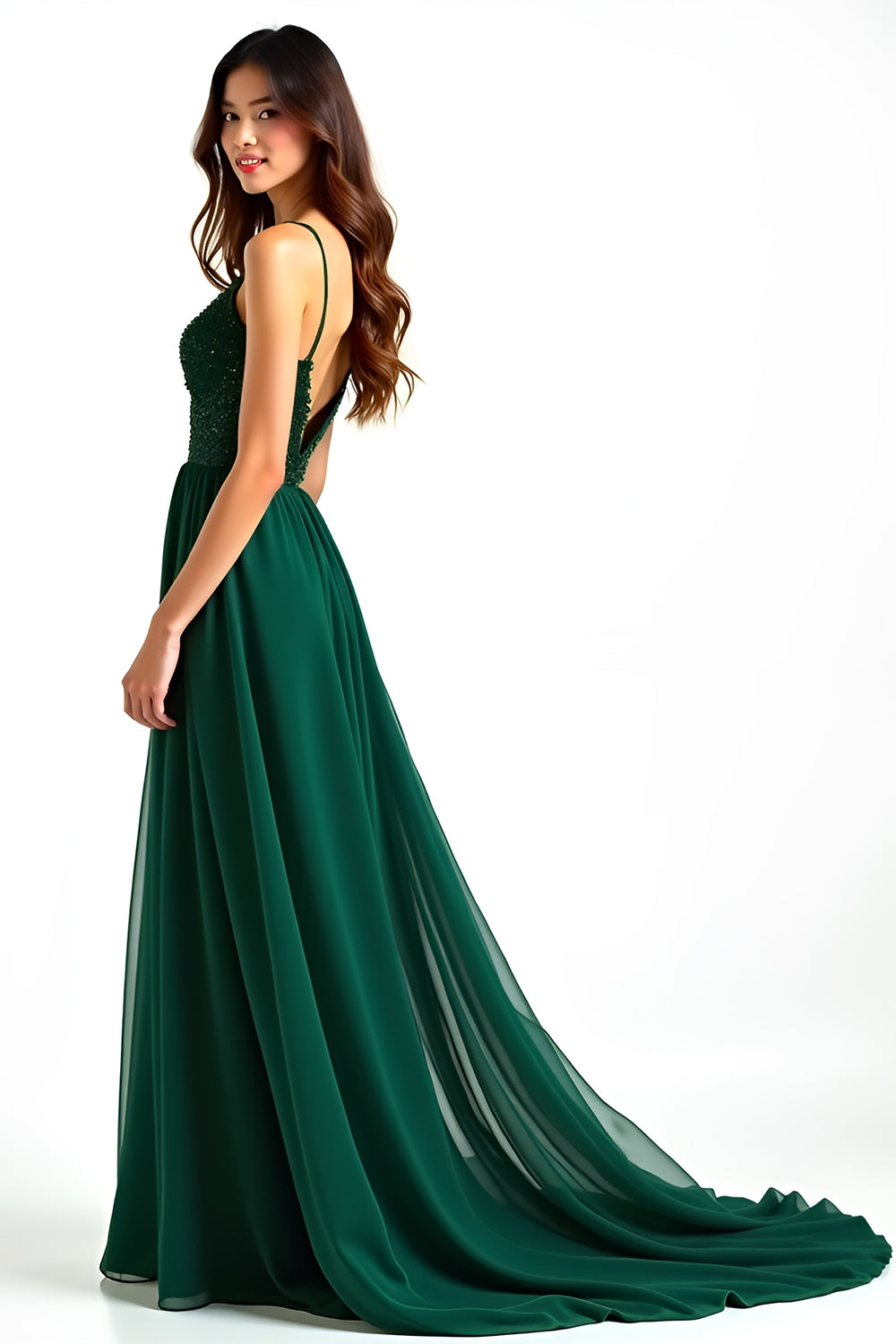 Dark Green A Line Sequined Long Wedding Guest Dress with Slit