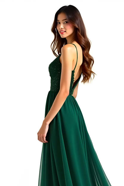 Dark Green A Line Sequined Long Wedding Guest Dress with Slit