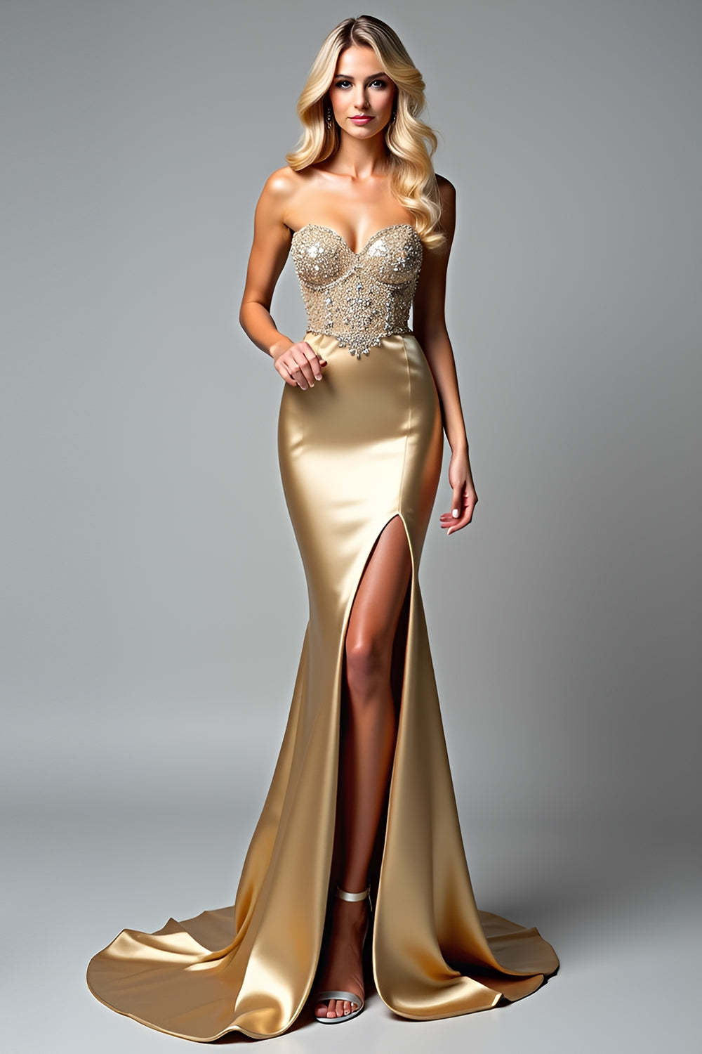 Leely Women Golden Corset Mermaid Prom Dress with Slit Strapless Beaded Metallic Long Formal Dress