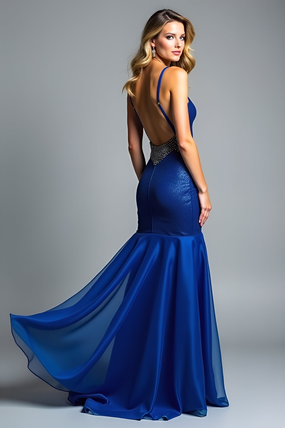 Glitter Mermaid Royal Blue Spaghetti Straps Long Wedding Guest Dress