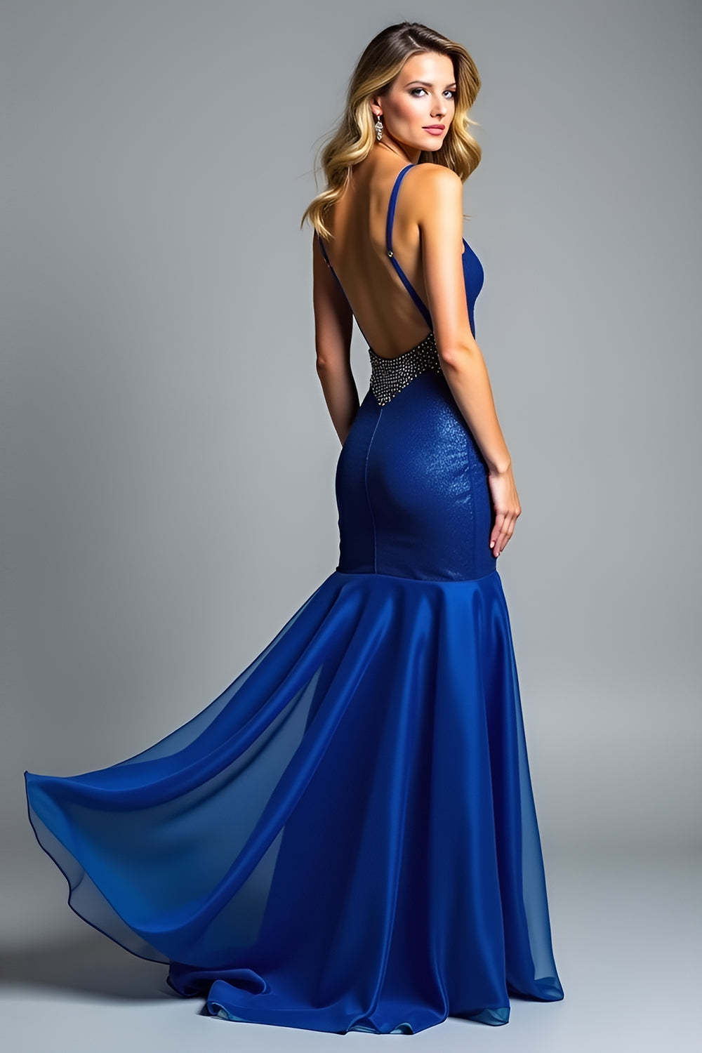 Glitter Mermaid Royal Blue Spaghetti Straps Long Wedding Guest Dress